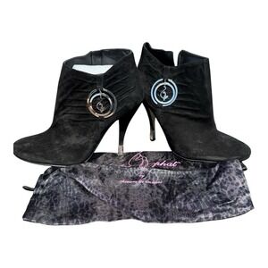 Baby Phat Black Y2K Ankle Stiletto Booties w/ Charm Embellishment Silver Accents